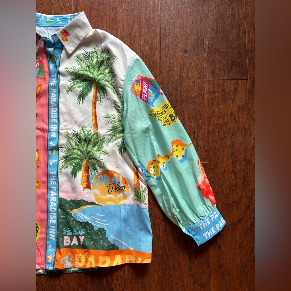 Summer Paradise Tropical Print Linen Blend Button Up Shirt | Oversized S - Picture 7 of 13